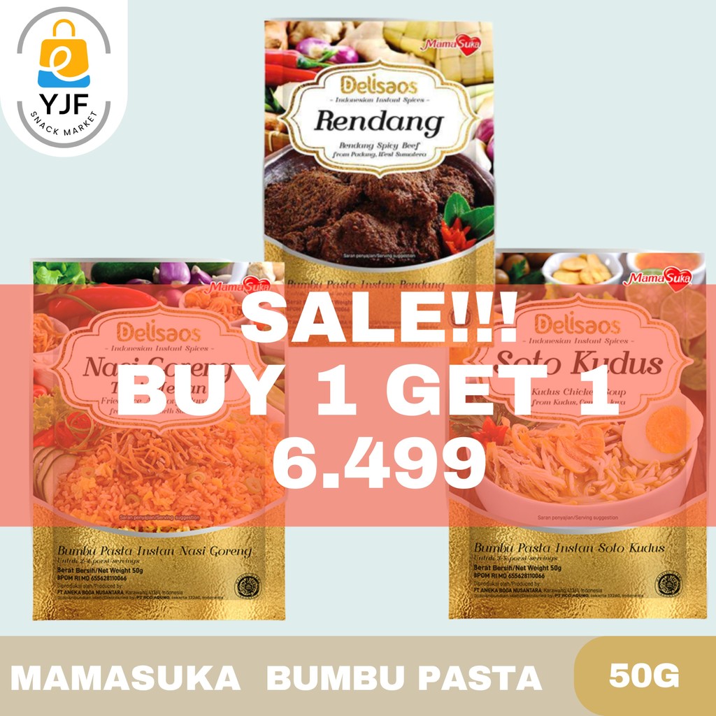 

SALE !!! [BUY 1 GET 1] Mamasuka Delisaos Bumbu Rendang Instan / Bumbu Soto Kudus/ Bumbu nasi Goreng Instan - 50g