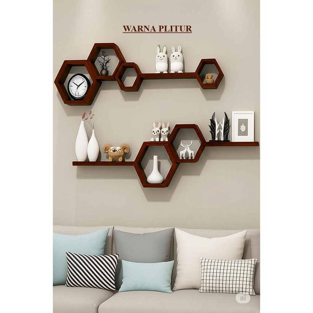Rak Hexagonal Dinding Hexagonal 1Set Ambalan Hiasan Dinding Rak Hexagonal Estetik Kayu Pajangan Kayu