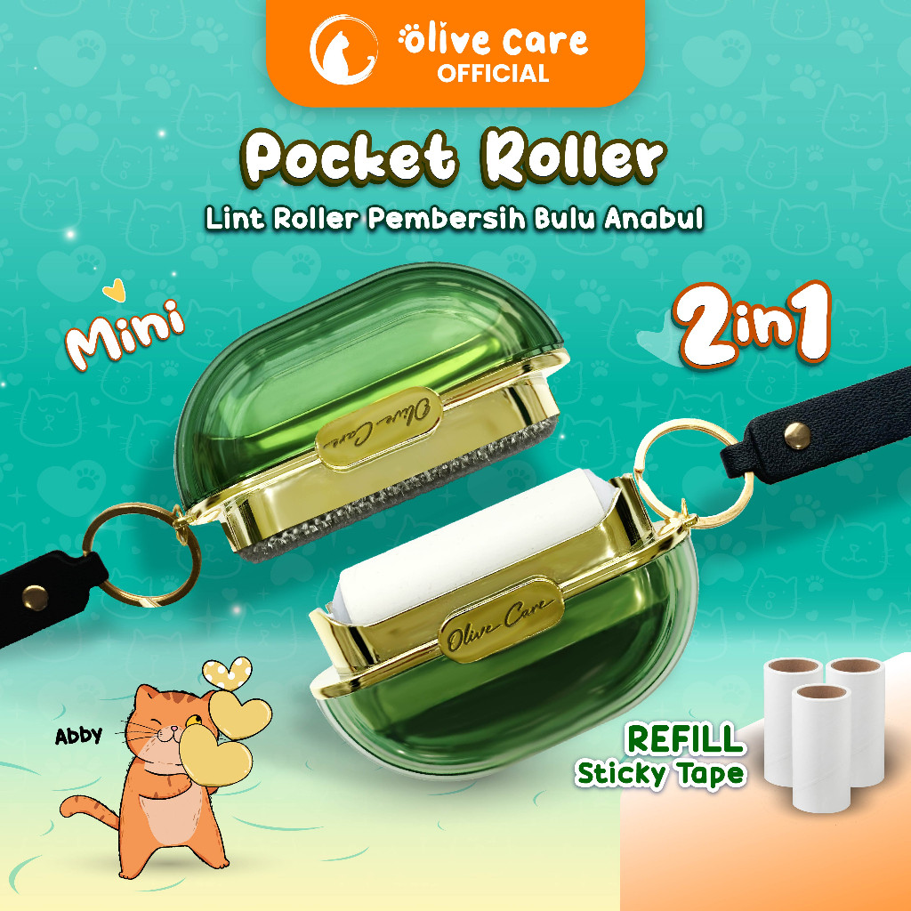 Olive Care Pembersih Bulu Kucing/Anjing POCKET ROLLER Portable 2in1 Travel Mini Size Dua Sisi Stiker