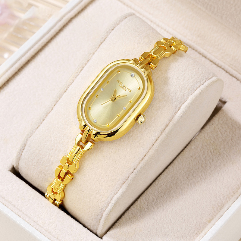 Jam Tangan Wanita Emas Mewah dengan Dial Oval, Tali Jam Tangan Berbentuk Gelang, Jam Tangan Retro Me
