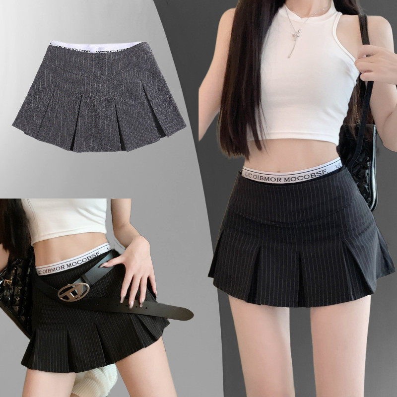 CF45RH Rok Pendek Bergaris Retro Rok A-line Yang Melangsingkan Mini Skirt Polos /Rok Korean Style Pe