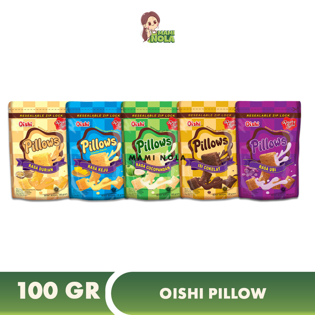Oishi Snack Pillow Lumer Isi Coklat Strawberry Durian Keju Kemasan 100gr