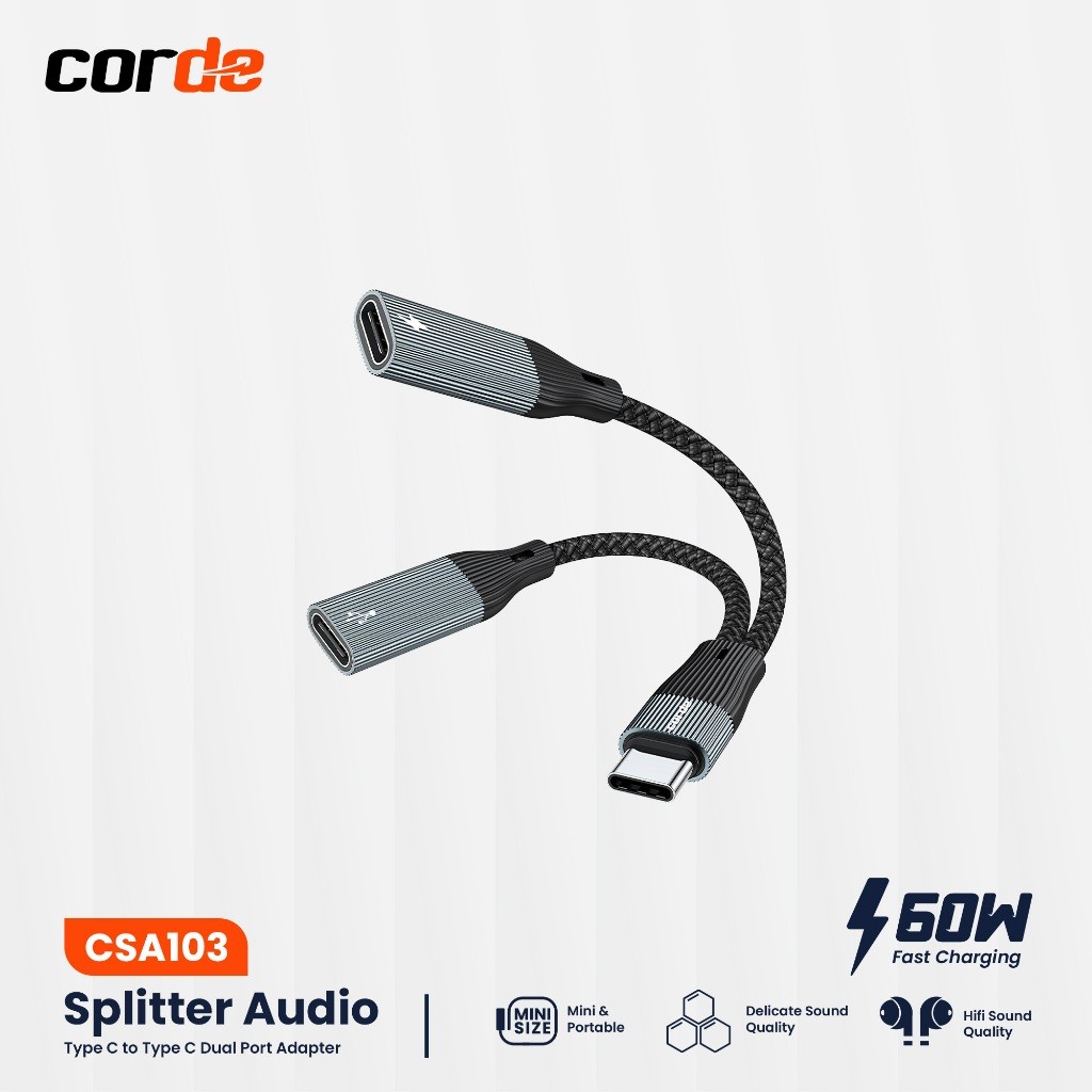 PIXELBYTE CORDE Type C Audio Splitter & 60W Charger: Dual Type C Splitter CSA103