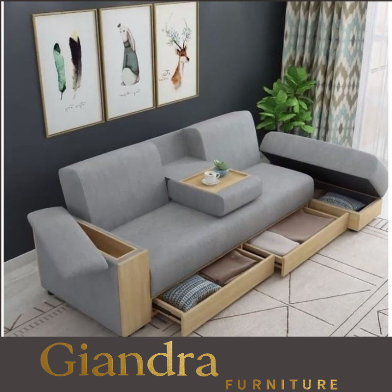 Sofa Minimalis 2 Seater Storage Kayu Jati Solid