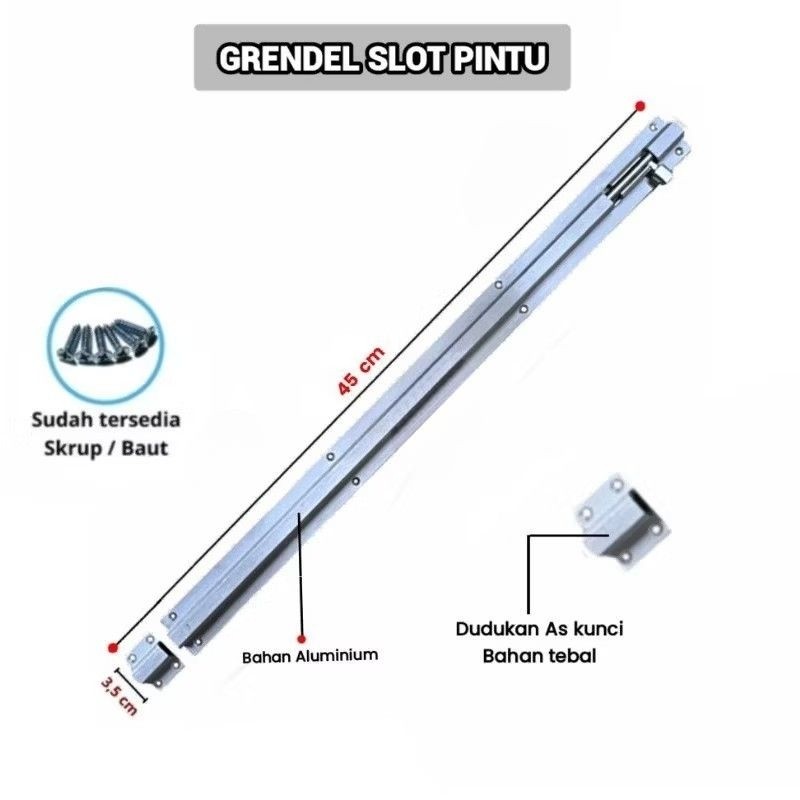 Grendel slot pintu size 2 s/d 18 inch slot kunci pintu atas / bawah