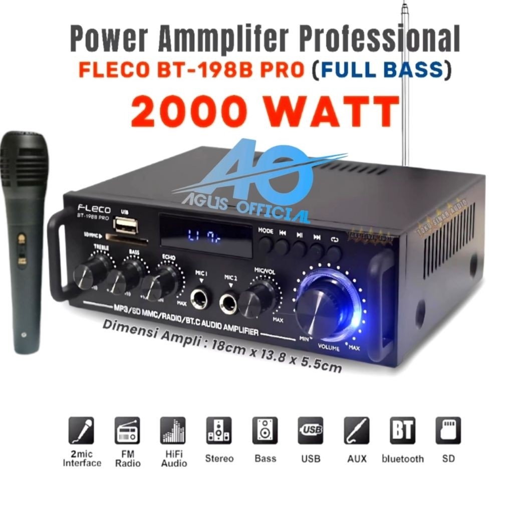BONUS MIC 2 Amplifier Bluetooth Fleco BT-198B PRO 2000Watt | Sunbuck Audio 2000W BISA USB/SD/FM/MP3 