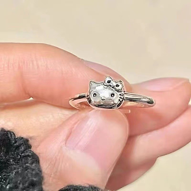 Cincin terbuka Hello Kitty berlapis perak Thailand baru, hadiah Hello Kitty yang lucu dan menggemask