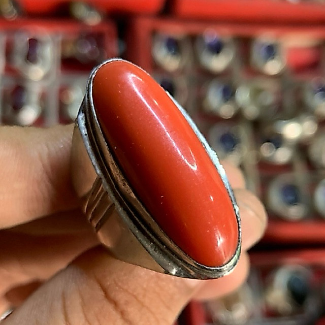 Cincin Batu Pandan Merah Marjan Laut Natural lokal Marjan asli 100%