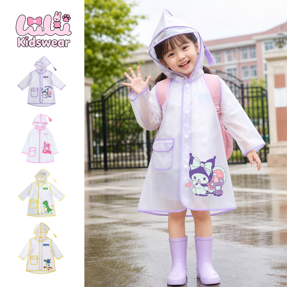 Jas Hujan Anak TK SD EVA Food Grade Anti Bocor Jas Hujan Transparan Hoodie Saku Depan Mudah Dibawa K