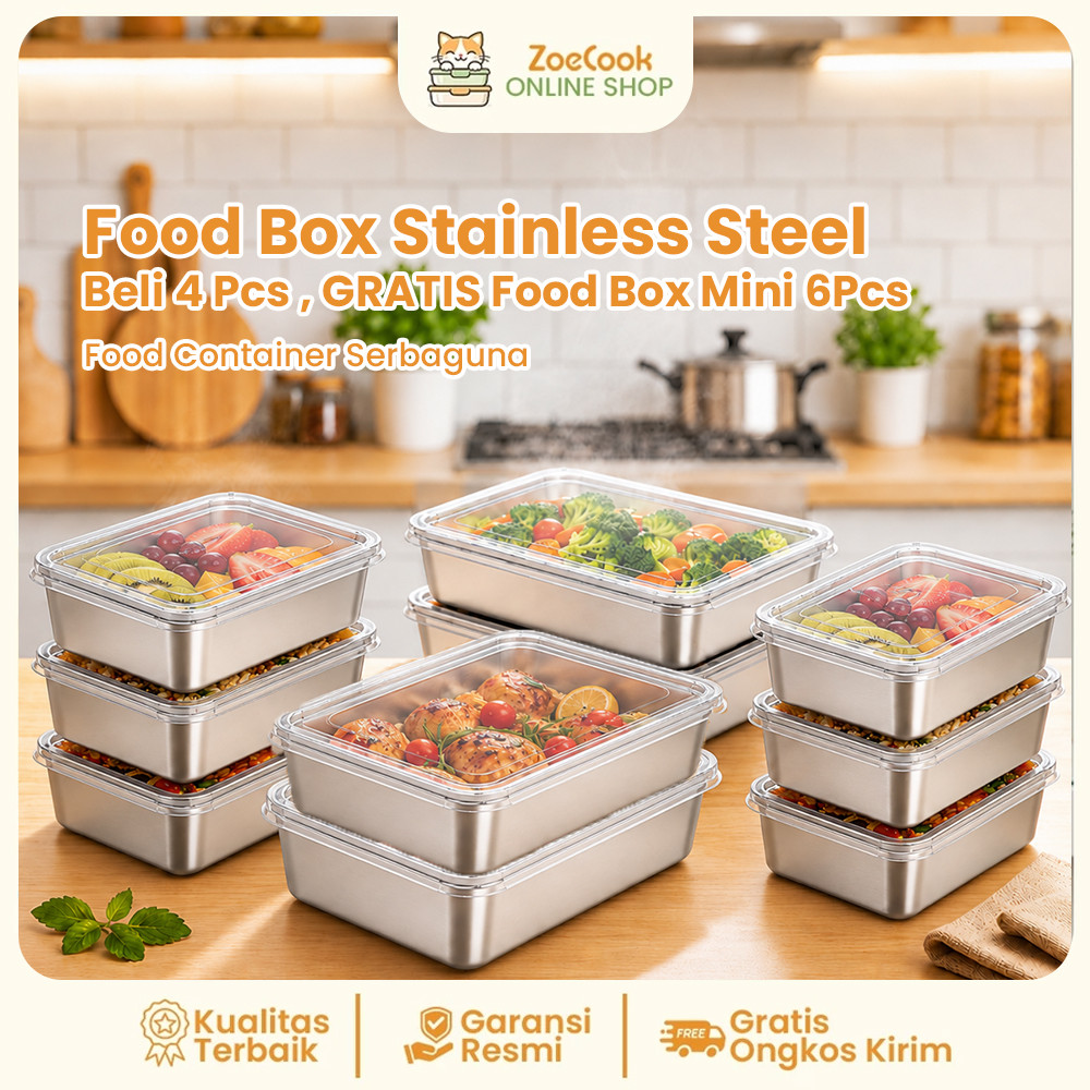 ZOECOOK Food Container Stainless Steel Besar 4PCS + Gratis Container Kecil 6PCS | Wadah Makanan Kulk