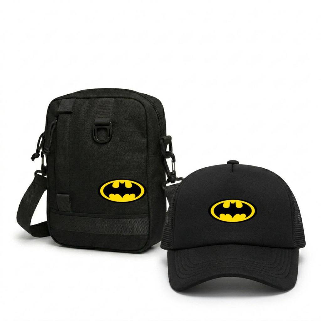 Brotherbag - Paket Hemat Tas Selempang Anak Kotak Plus Topi Karakter Spiderman Batman Superman CA / 