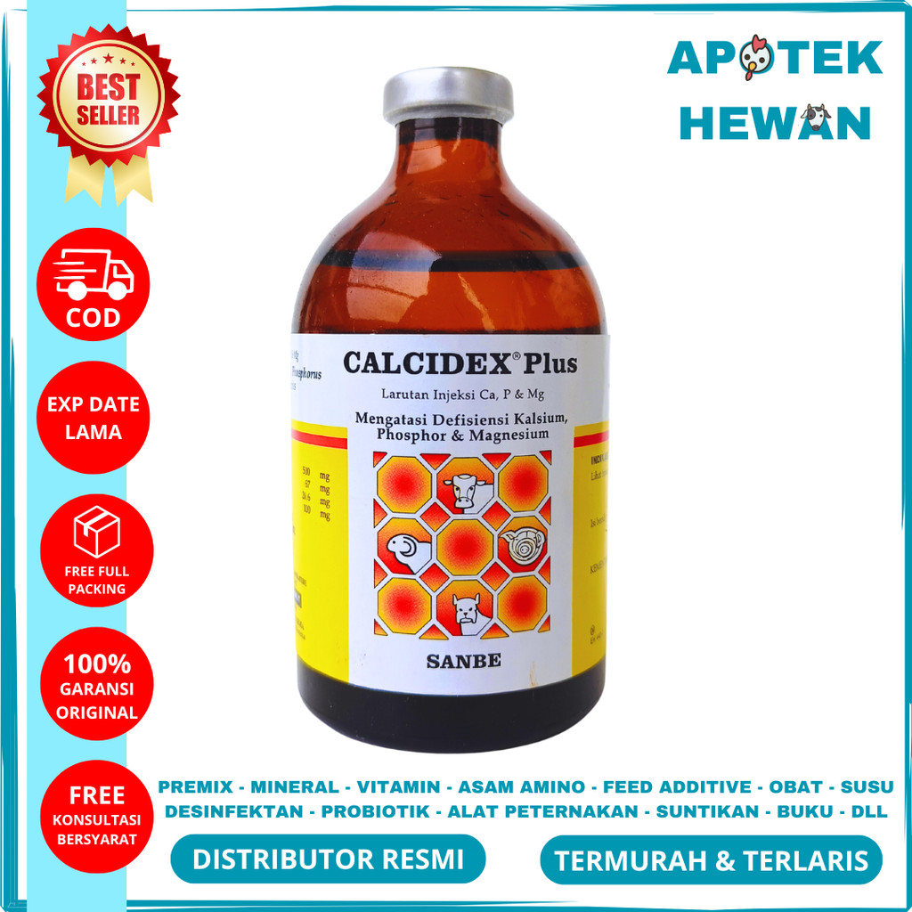 CALCIDEX PLUS Injeksi 100 ml - Obat Lumpuh Kurang Kalsium Fosfor Magnesium Pada Ternak Sapi Kambing 