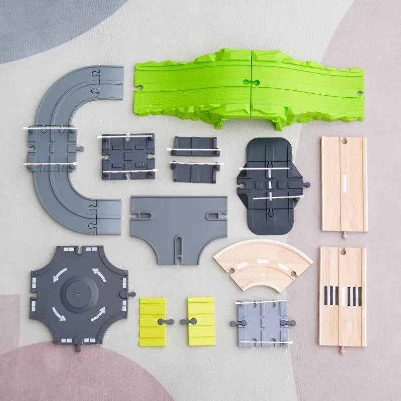 Wide Highway Road Wooden Train Track Toy Dual Lane Traffic Wooden Railway Compatible with Thomas Tra