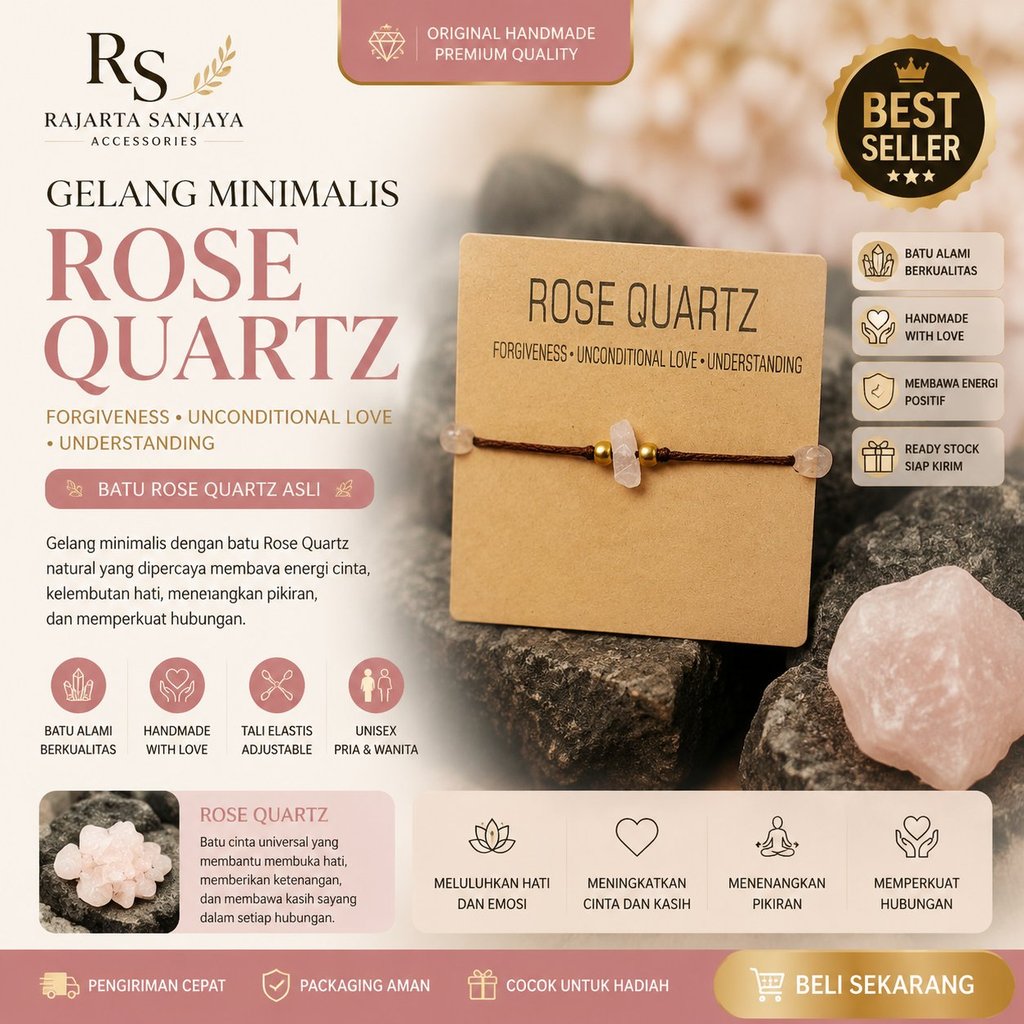 Gelang Minimalis Rose Quartz – Forgiveness, Love & Understanding | Rajarta Sanjaya Accessories
