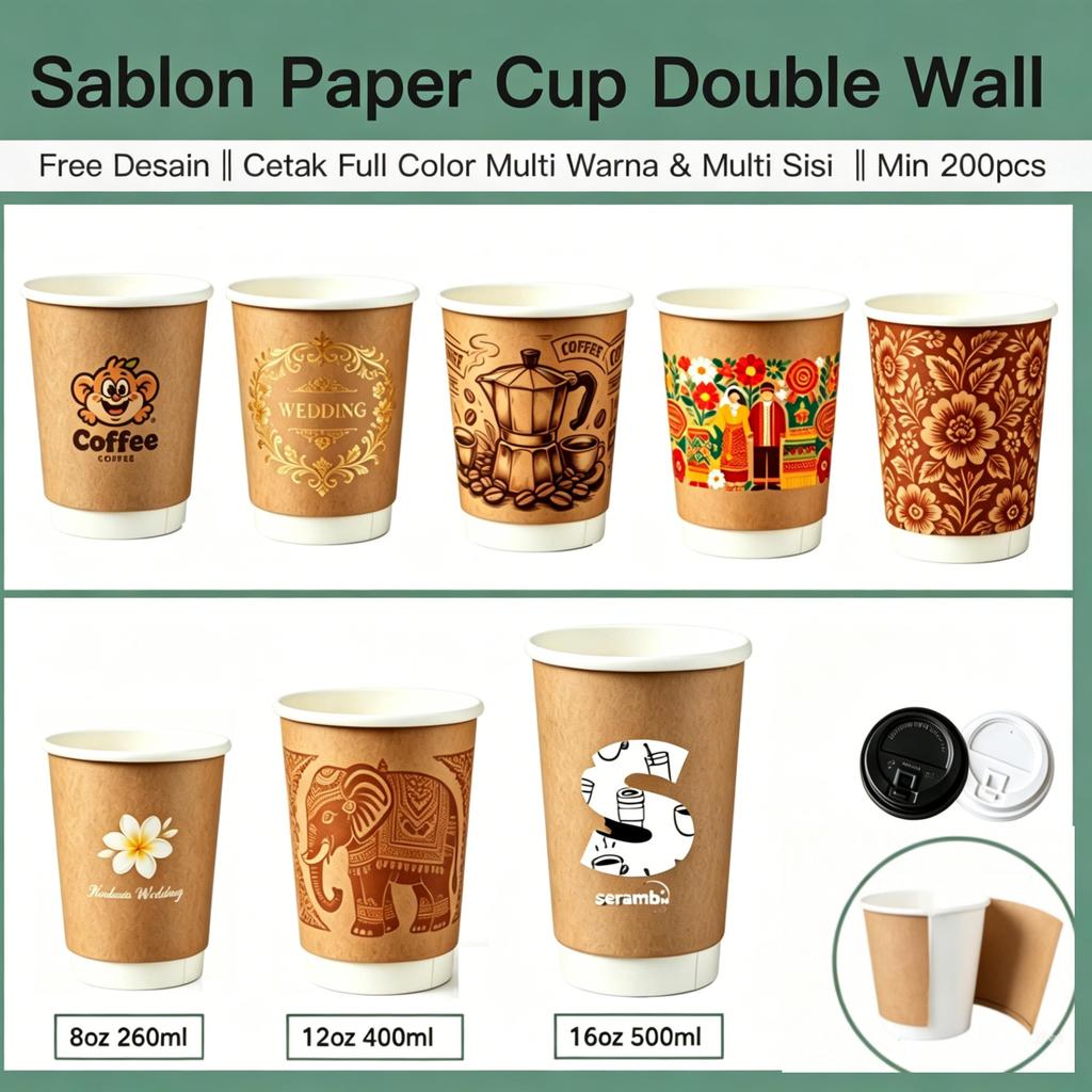 Paper Cup Double Wall Kraft Custom Logo 8oz 12oz 16oz | Sablon Full Color Multiwarna & Multisisi | F