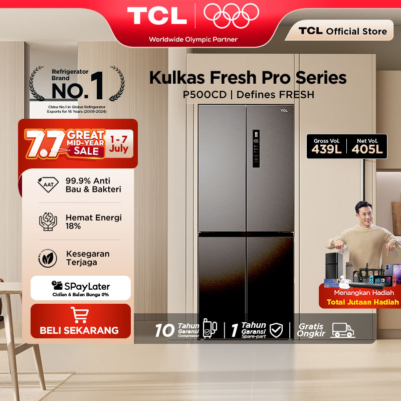 TCL Kulkas 4 Pintu - Kapasitas 439L - Twin Eco Inverter - Kulkas Ice Maker - Tanpa Bunga Es - Lemari