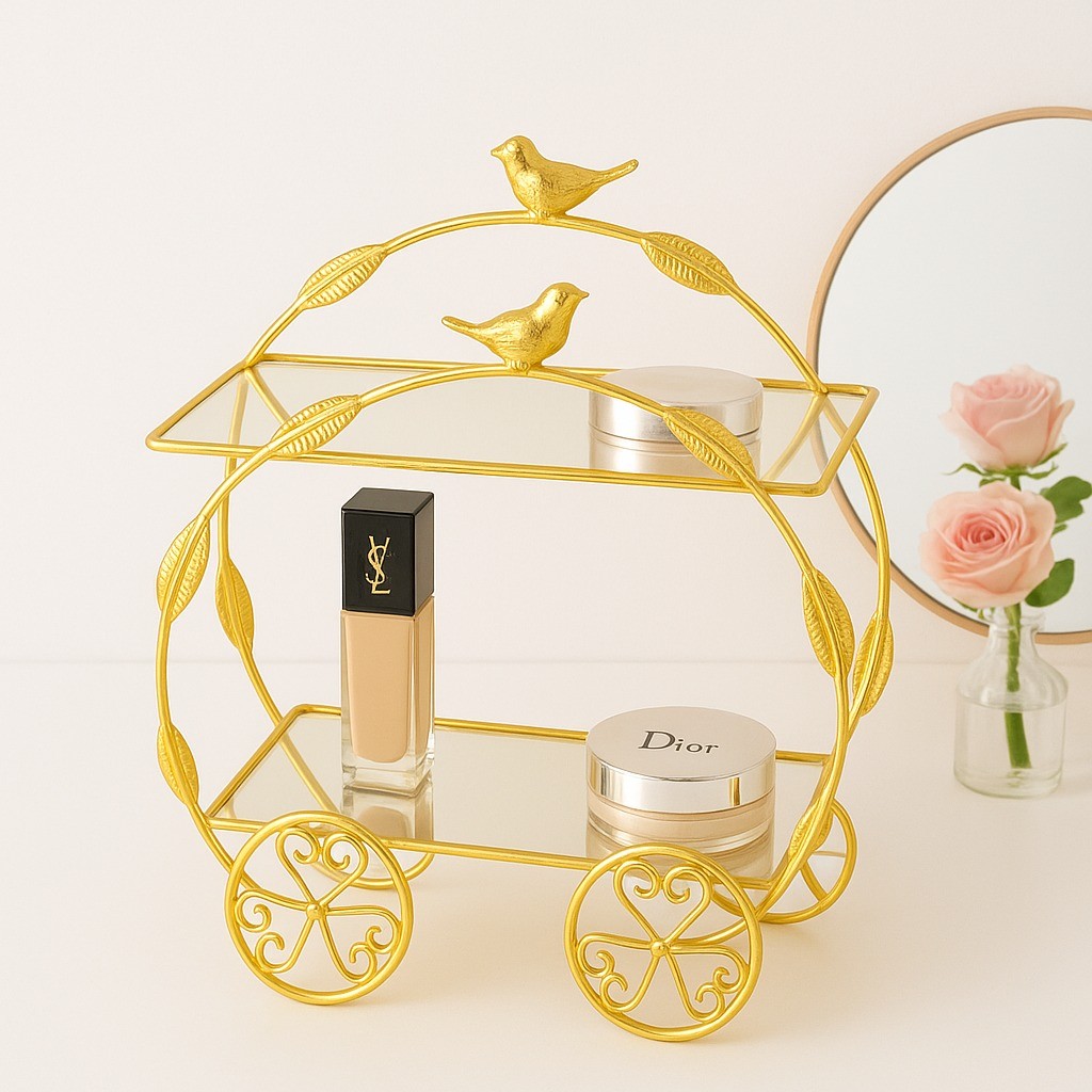 Tempat Kosmetik 2 Layer Gold Tray Kaca Stainless Golden Bird Tray / Rak Susun Sangkar Burung Besi Ka