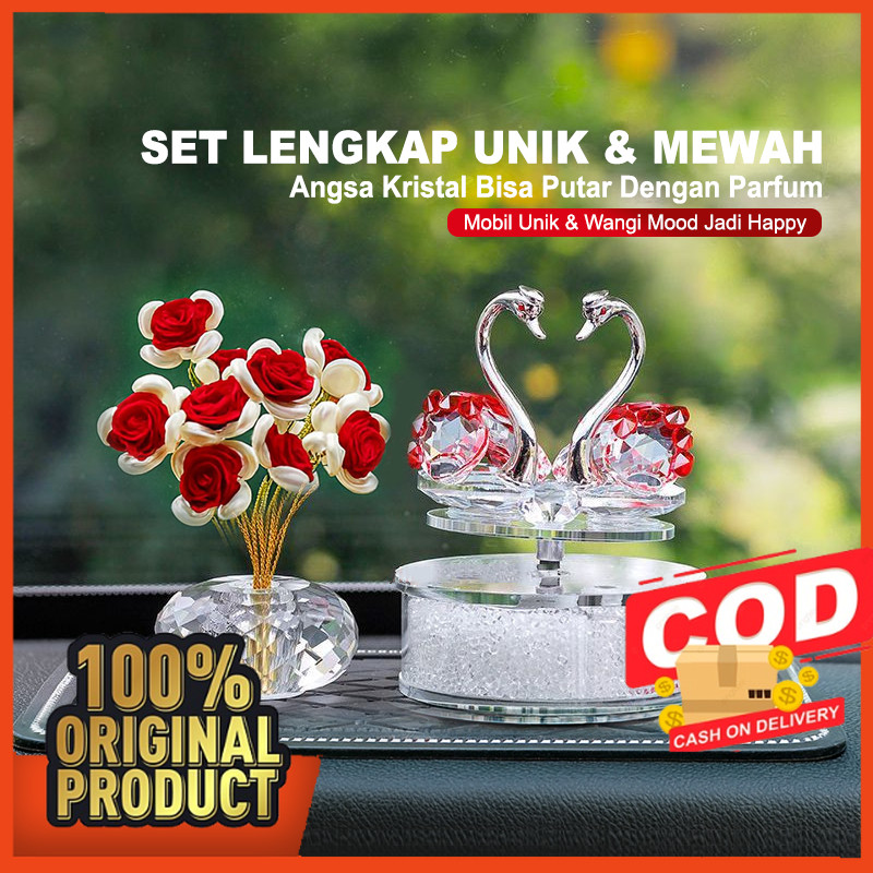 [ PAKET LENGKAP ] Dekorasi Parfum Mobil Angsa Putar Mutiara Pajangan Mobil Unik Bunga Kristal Mawar