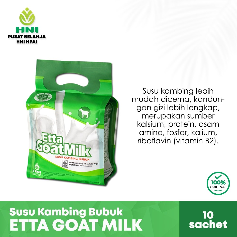 

Etta Goat Milk HNI Susu Kambing Bubuk Original, Aren, Cokelat Isi 10 Sachet