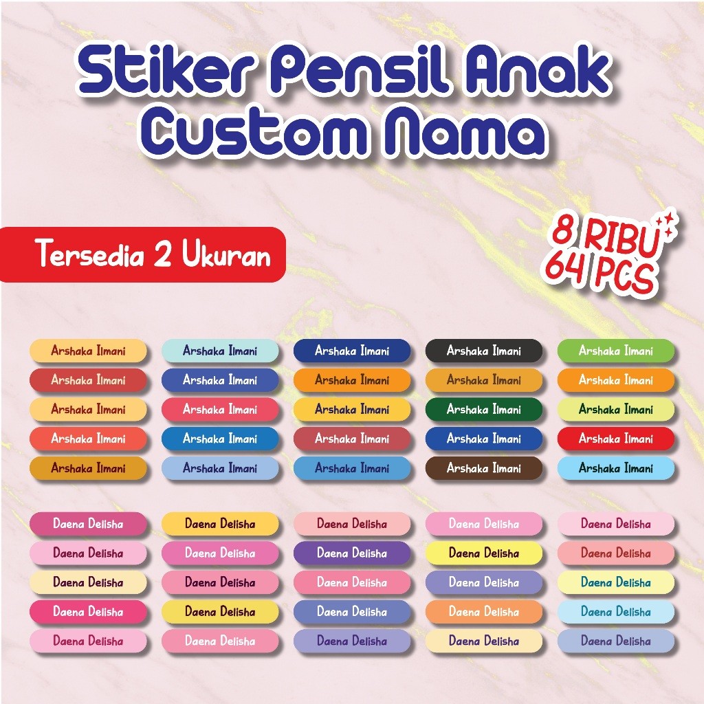 

64 PCS Stiker Label Nama Pensil Custom nama ukuran PENSIL atau PULPEN atau Pensil Warna