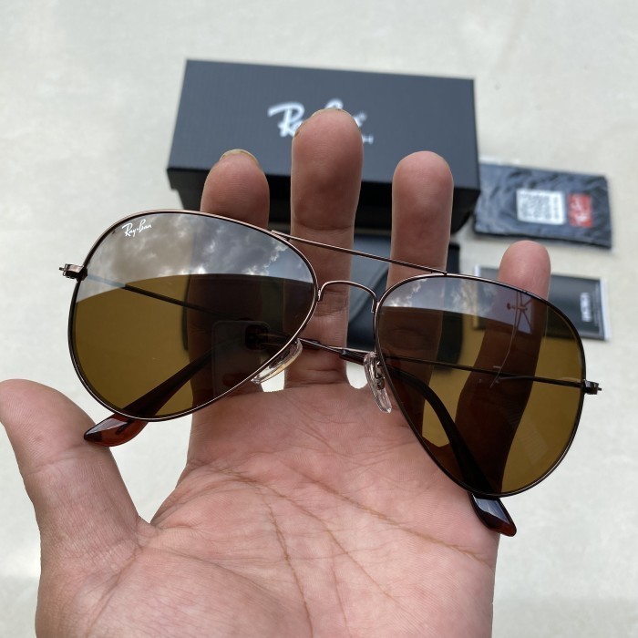 kacamata rayban pria aviators sz 62, frame coklat kaca coklat