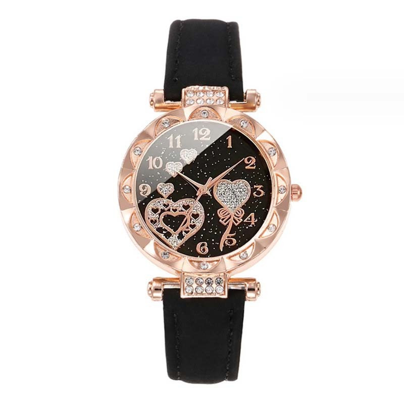TERBARU 5PCS Jam Tangan Kuarsa Wanita Berlian Dial Cinta Tali Kulit Jam Tangan Fashion Set Perhiasan