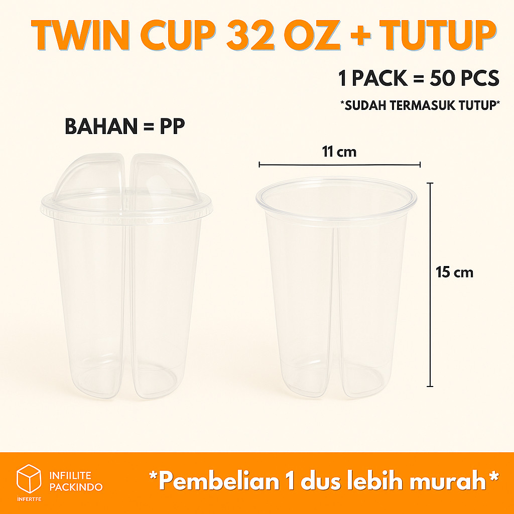 (ISI 50 PCS) TWIN CUP 32 OZ + TUTUP | GELAS PLASTIK SEKAT 2