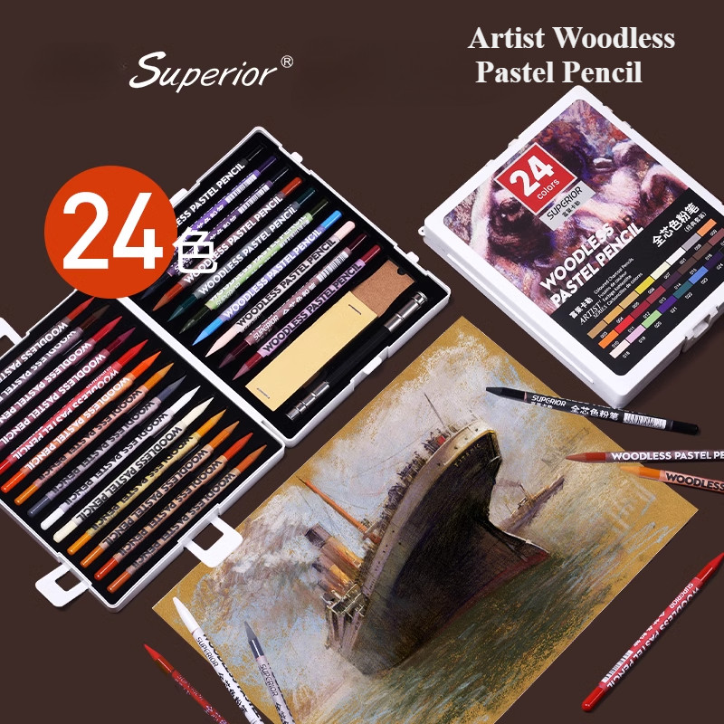 

Woodless Pastel Pencils 24 Colors 7mm Core Artist Grade Chalk Charcoal Pencil Great Blending and Layering Sketching in Case