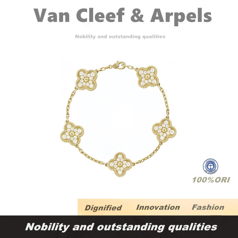 [100% Original]Van Cleef & Arpels Alhamdra Four Leaves Lucky Series Gelang /perhiasan wanita/Yellow 
