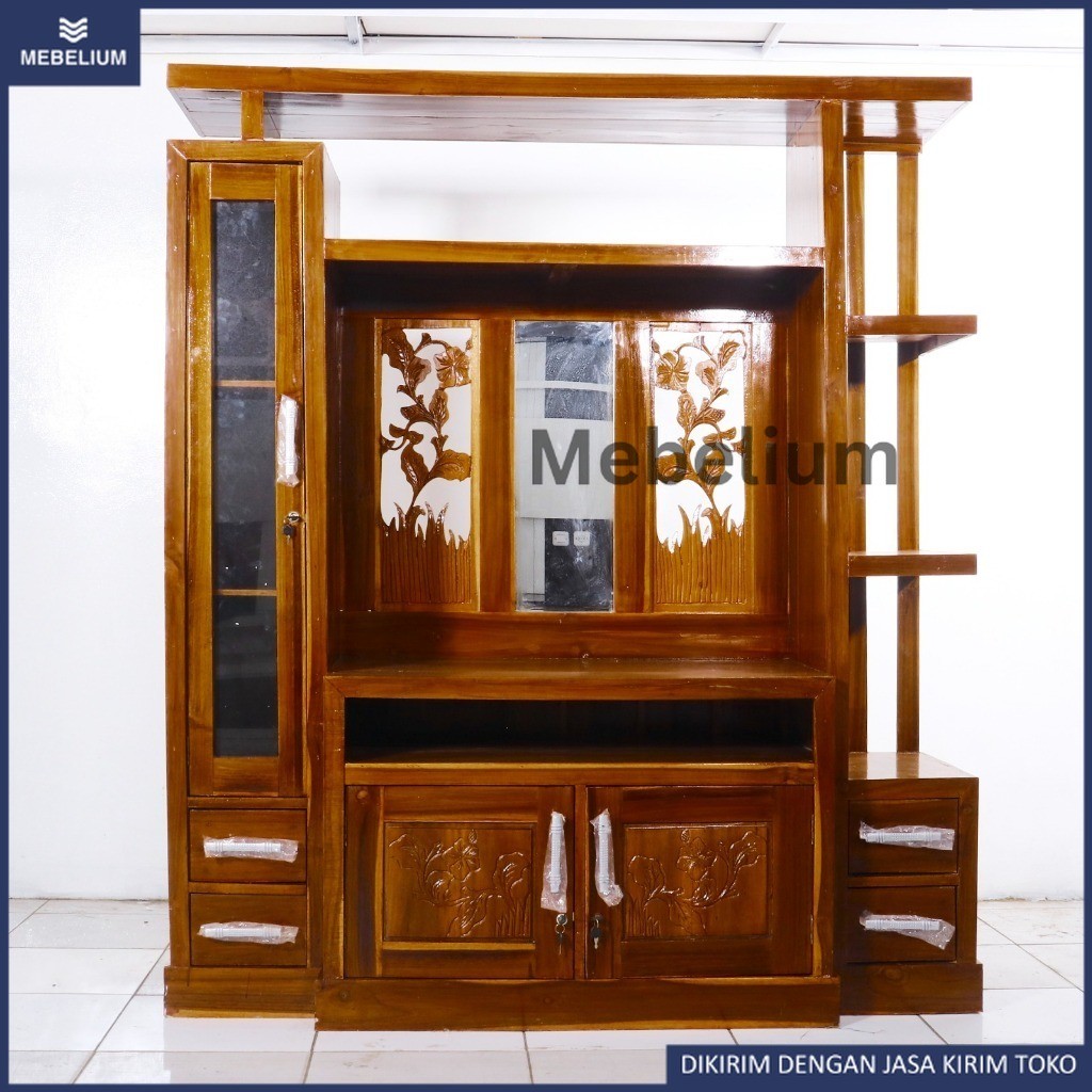 [ORI] Lemari TV Kayu Jati Klasik | Lemari Pajangan Partisi Retro | Bufet TV Sekat Ruangan Kayu Jati