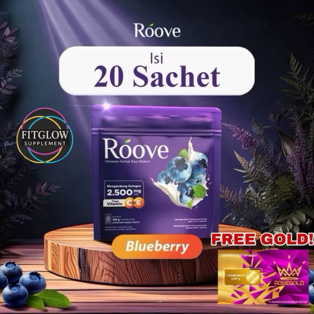 

(BONUS EMAS!) ROOVE Blueberry Collagen 1 POUCH 20 Sachet Original Minuman Kolagen Sendi Anti Aging Suplemen Kecantikan Kulit Glowing