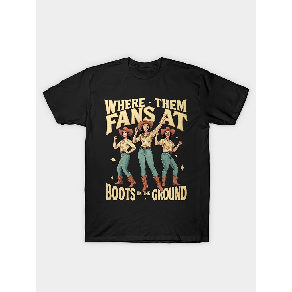 Kaos Grafis Pria Hitam Retro Denim "Where Them Fans At Boots on the Ground" - Katun Lembut & Bernapa