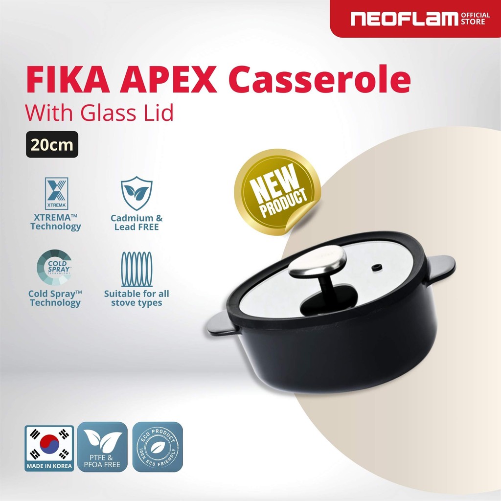 NEOFLAM FIKA APEX Casserole 20cm with Glass Lid Black- Panci Anti Lengket & Tahan Gores, Ceramic Coa