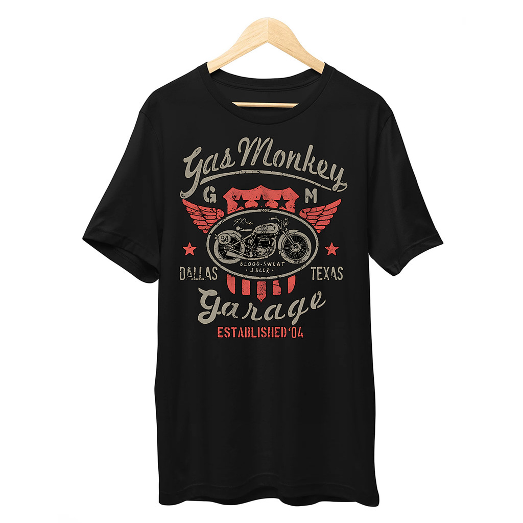 Kaos oblong lengan pendek leher bulat motif lencana bersayap G-Gas Monkey Garage 500cc, atasan kaos 