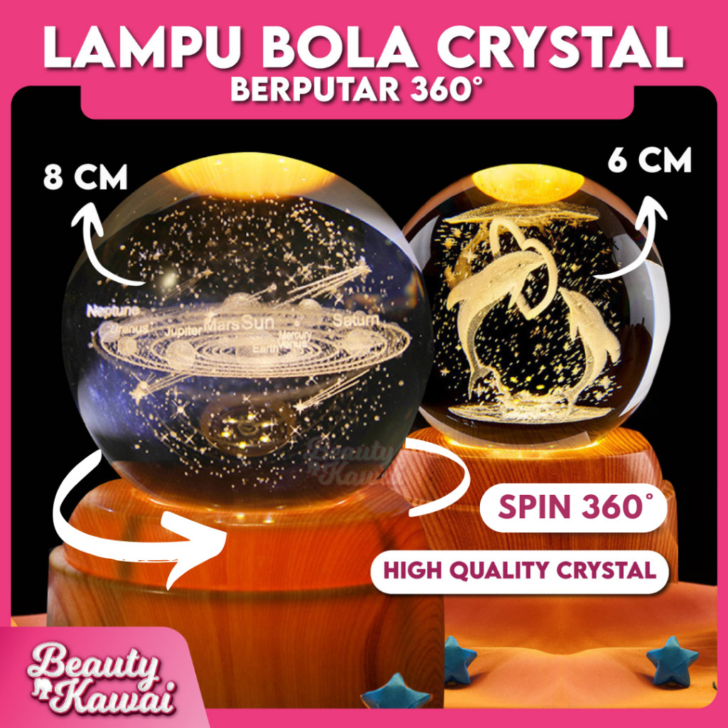 BAR - Lampu Hias Berputar 360° Bola Kristal 3D Aesthetic LED Meja Kamar Tidur Hadiah Unik