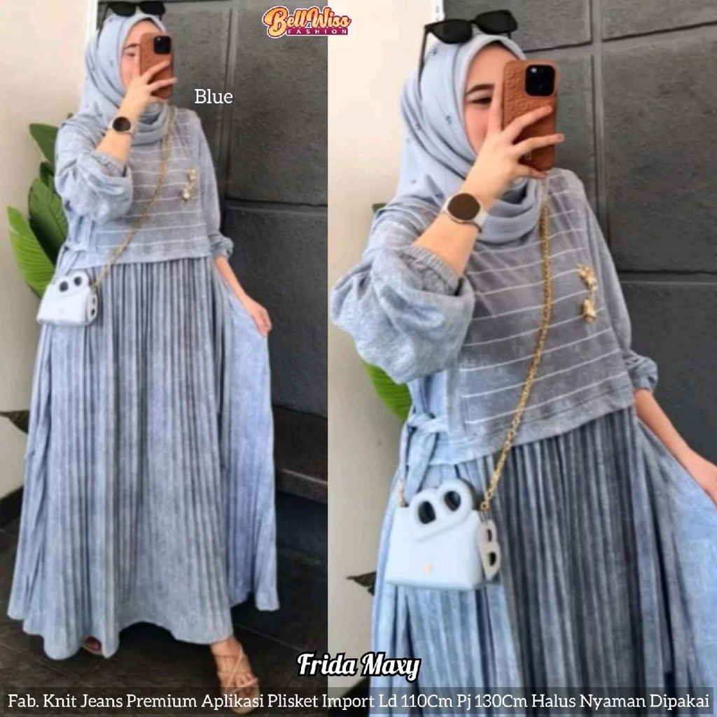 Frida Maxy Dress Gamis Plisket Polos Kombinasi Motif Garis Tebal