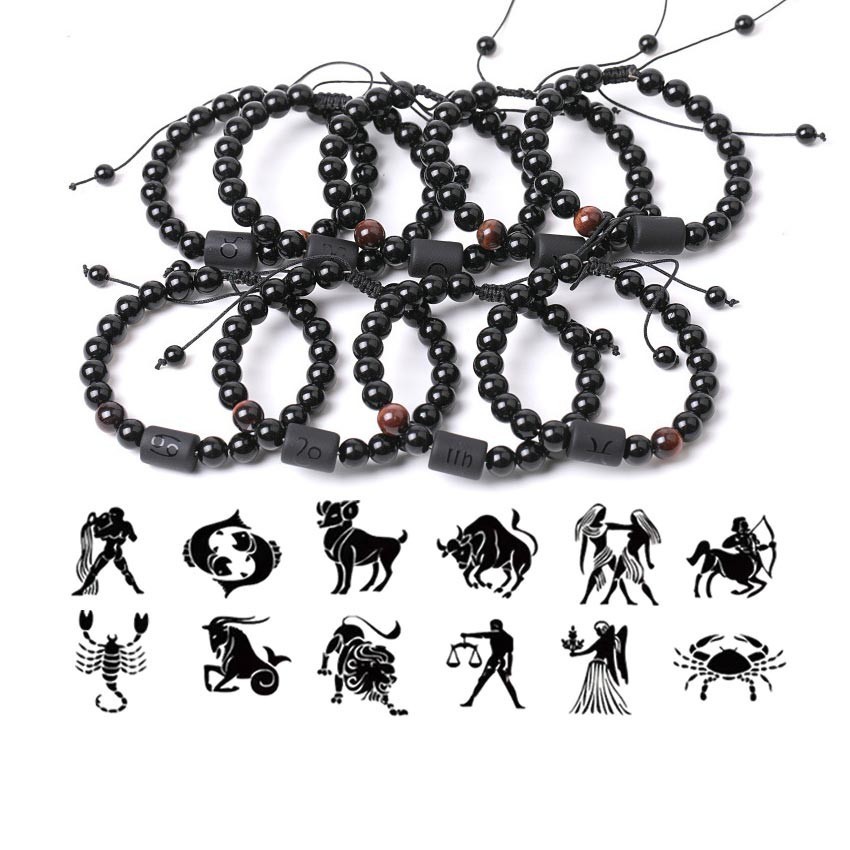 Gelang 12 Zodiak Batu Alam – Batu asli (obsidian, merah tipis, putih, keemasan biru, tiger eye), des