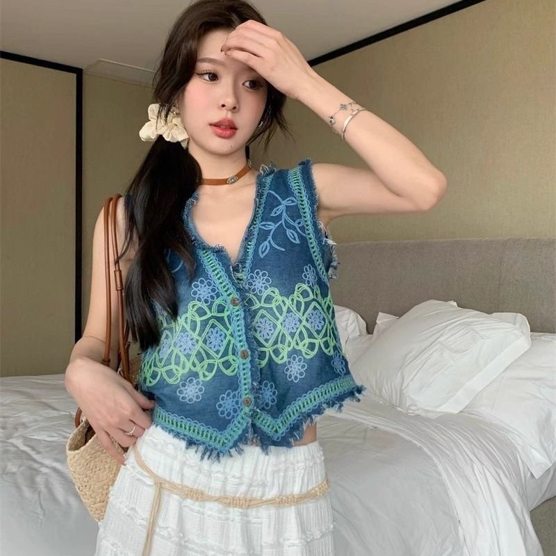 Rompi Denim Bordir Rajut Wanita Tanpa Lengan Pendek