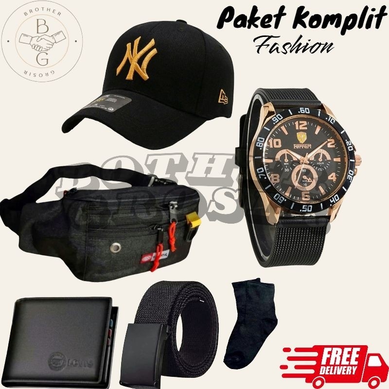 (PROMO PAKET PRIA TERKOMPLIT) 6 in 1/Jam Tangan Pria/ Jam Pria Keren Gratis Tas Selempang,Topi Distr
