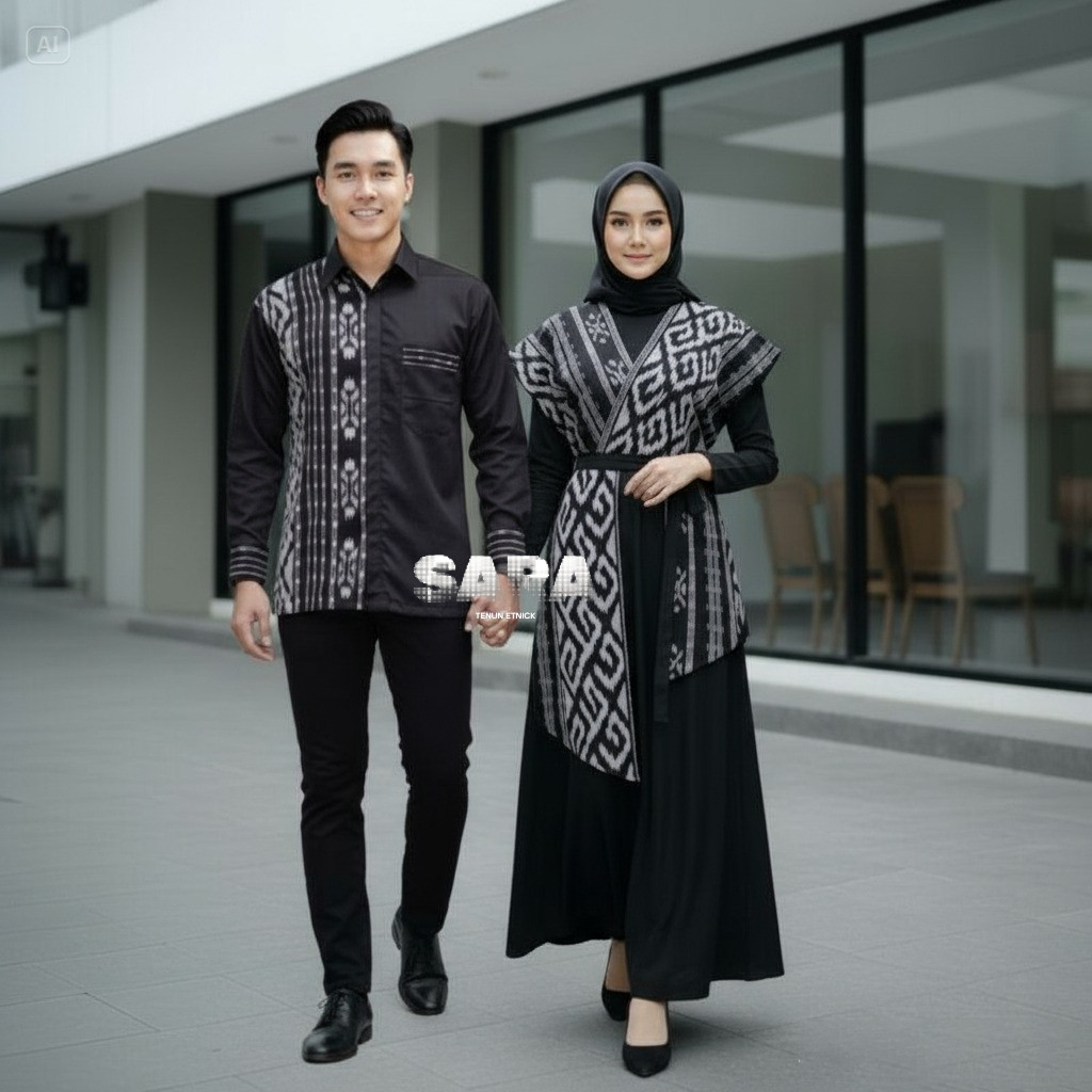 Baju Tenun Couple Batik Gamis Wanita Kemeja Pria Lebaran Kondangan Pernikahan Model Terbaru Modern