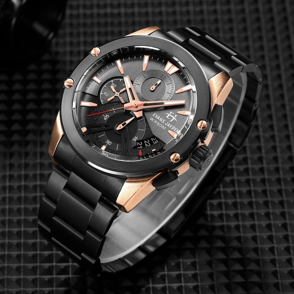 Evans Jayden Jam Tangan Pria 9615 Rantai Kaca Sapphire Chronograph Water Resistant 5 ATM [Terlaris]