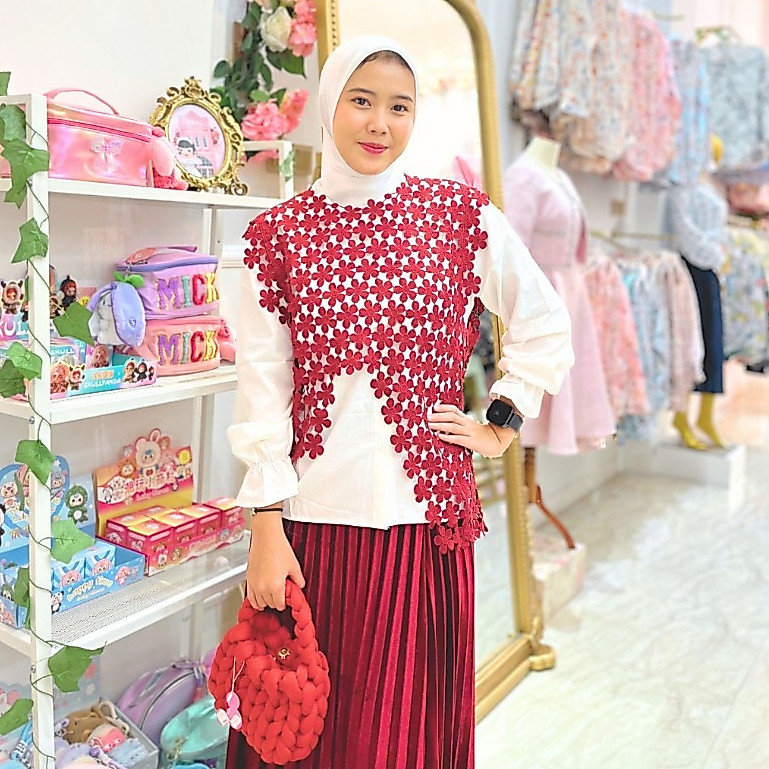 outer aimilea vest blus putih coklat merah oren bordir renda vest korean bunga import