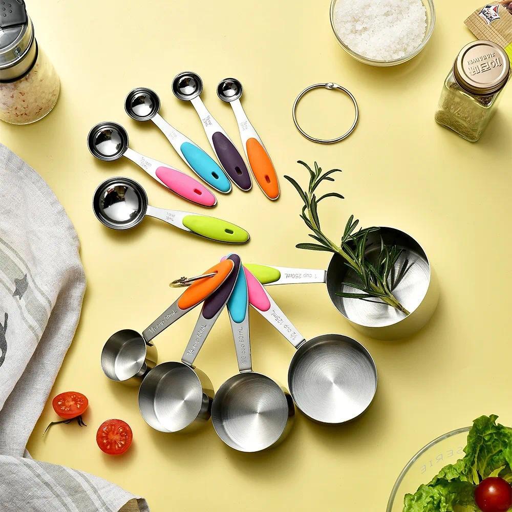 Stainless Steel Silicone Handle Measuring Cup Measuring Spoon Ten-piece Set, Baking Tool Measuring C
