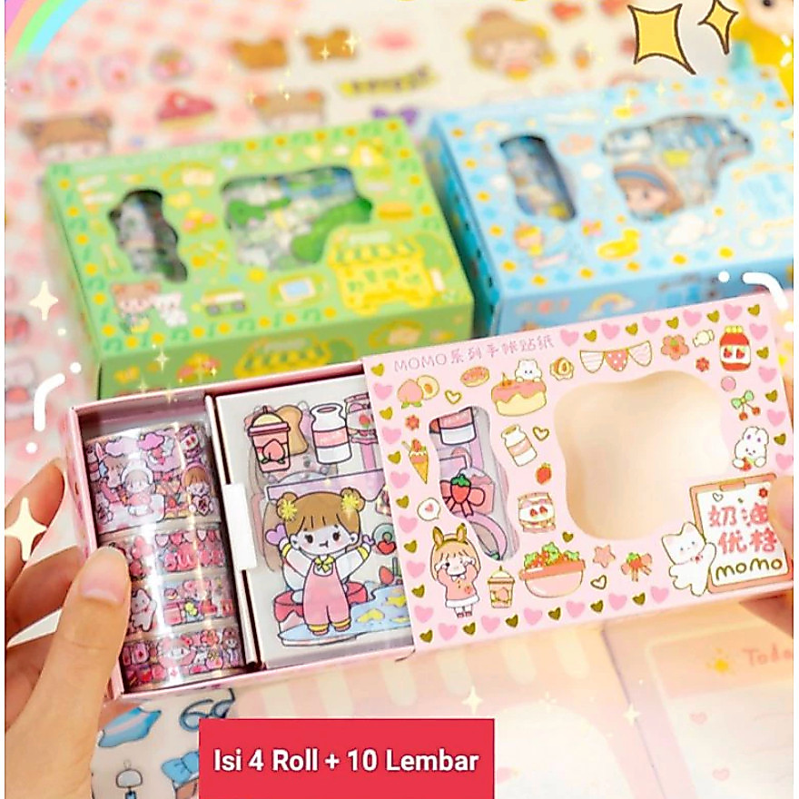 [TERBARU] Sticker Momo Set Roll washitape isi 4 Roll + 10 lembar stiker / Stiker MOMO ROLL BARU