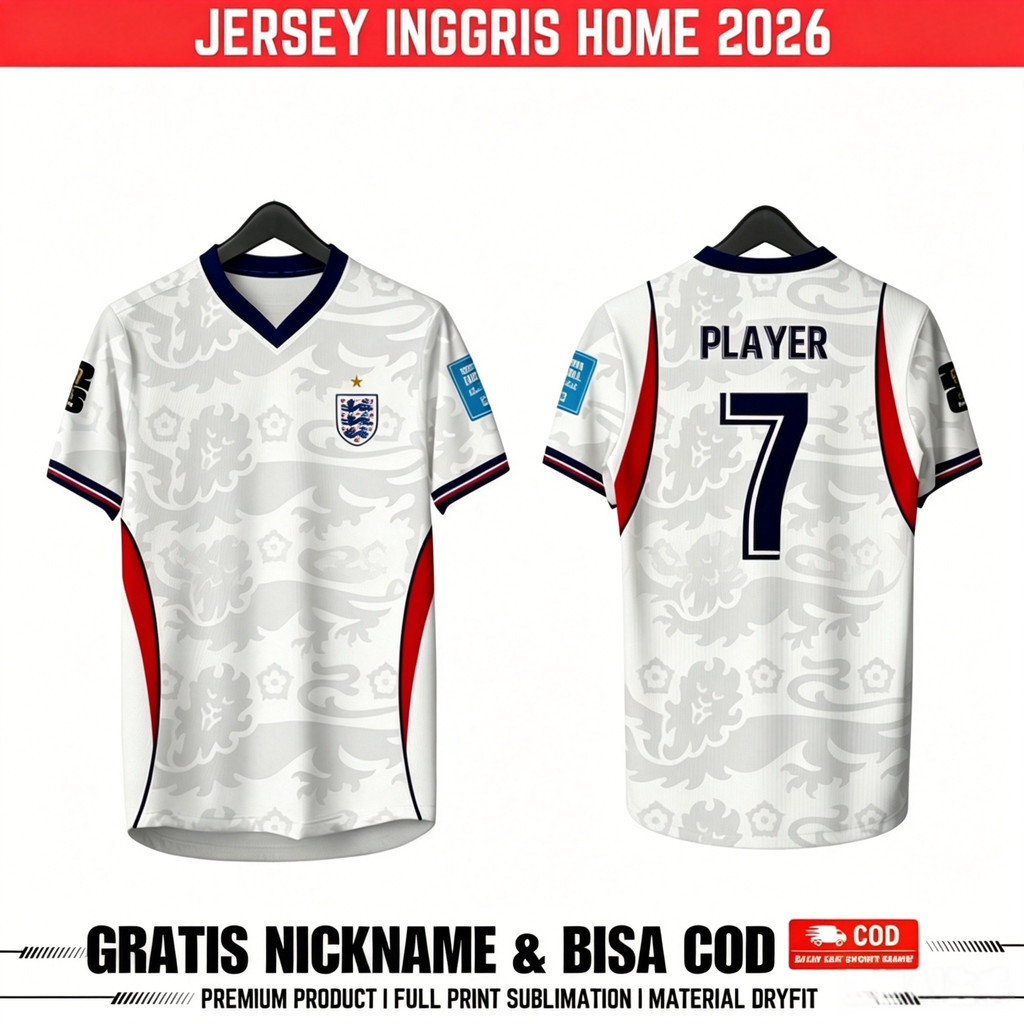 Jersey Home Away IngGRIS 2026 Full Printing Premium Full Patch Gratis Pasang Nama dan Nomor Punggung