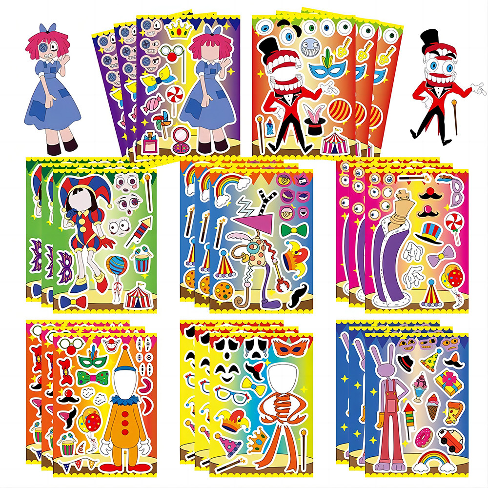 

8/16Sheets Children DIY Circus Clown Puzzle Stickers Make a Face Cartoon Assemble Jigsaw Funny Kids DIY Toys Party Decoration