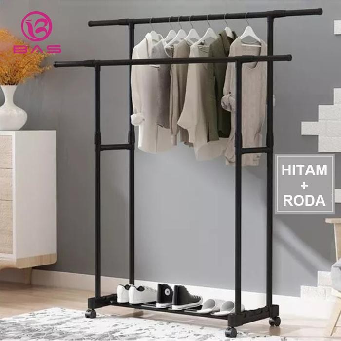 

BAS Stand hanger double sisi gantungan baju hanger tas rak serbaguna dengan roda Hitam - HITAM ADA RODA