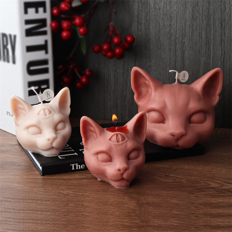 

3D Handmade Animal Three Eyes Cat Head Silicone Candle Mold DIY Kitten Dog's head Plaster Crafts Resin Casting Home Decor Gift