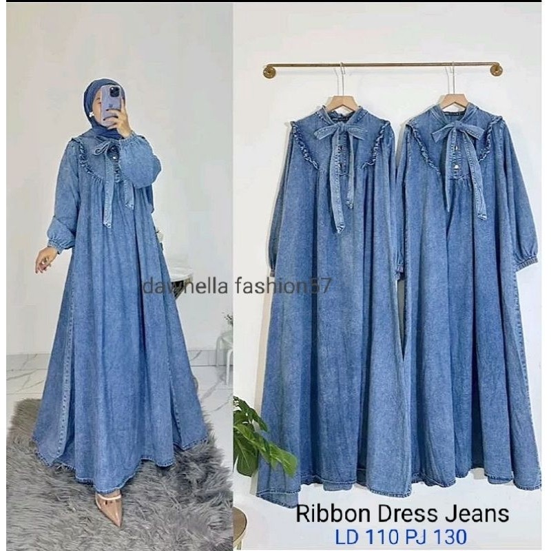 Ribbon Dress Jeans Maxy Gamis Kerah Tali Jenna