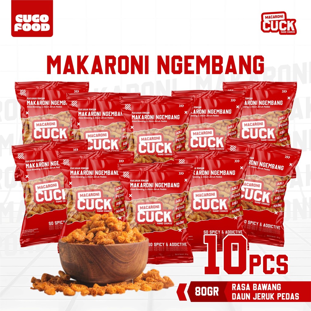 

Makaroni Ngrmbang Daun Jeruk Pedas 10 pcs x 80 Gram Kemasan Reguler Makaroni Cuck Bumbu Cikruh Premium Snacks Cugo Food Camilan Pedas